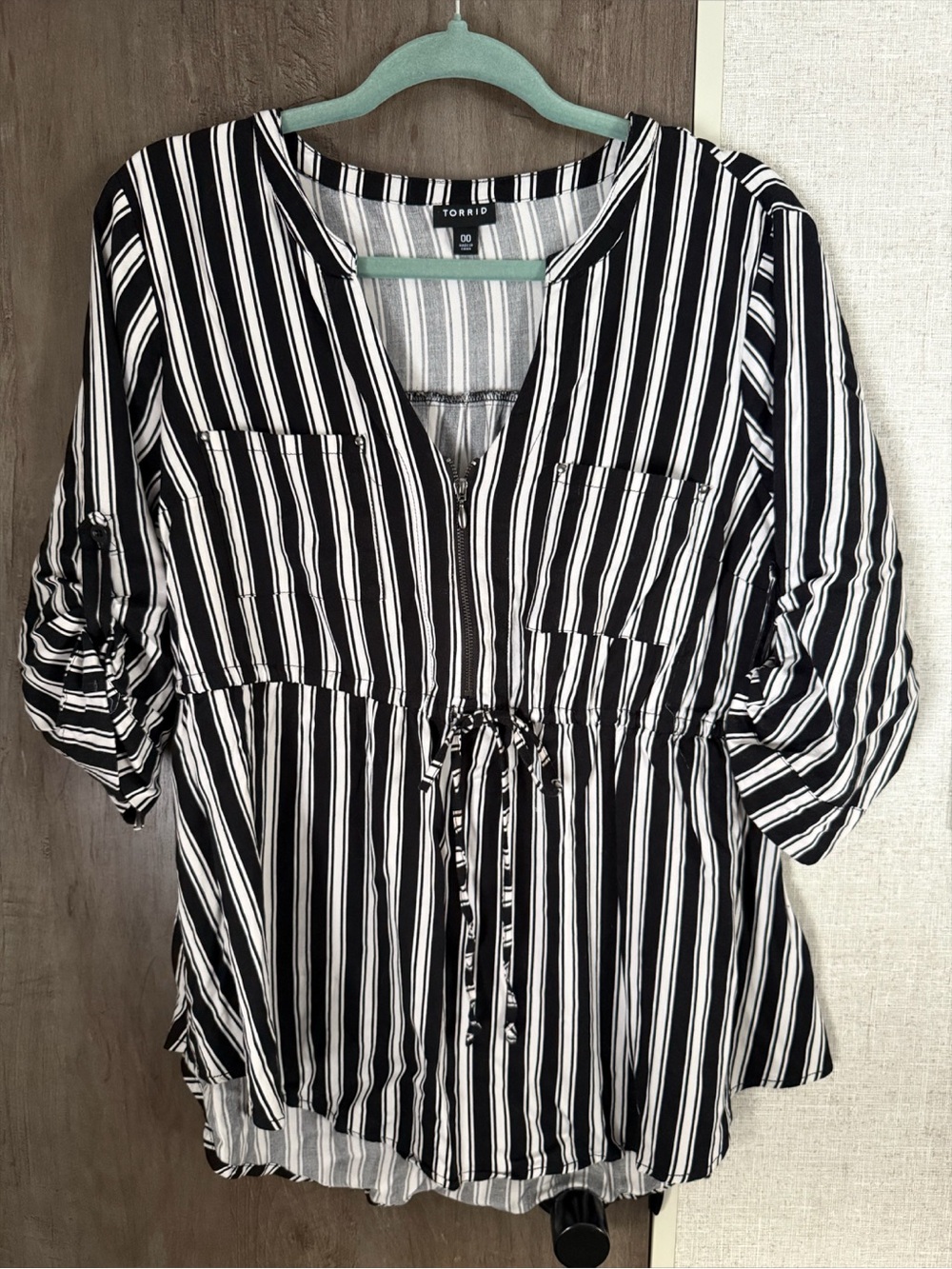 torrid Black & White Vertical Stripe Drawstring Blouse